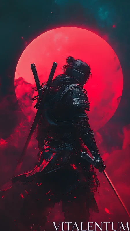 Solitary armored swordsman stands before large red moon