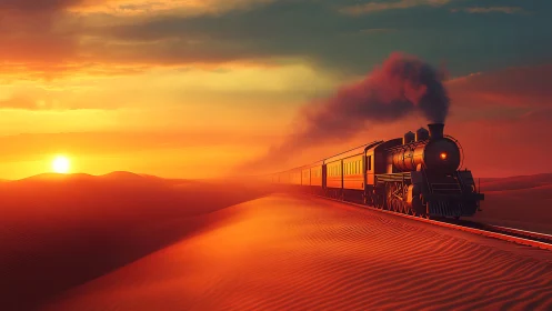 Steam train glows across desert dunes in a blazing sunset
