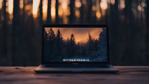 Laptop on wooden table frames winter forest sunset glow.