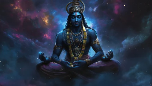 Celestial blue deity meditates in luminous cosmic nebula field