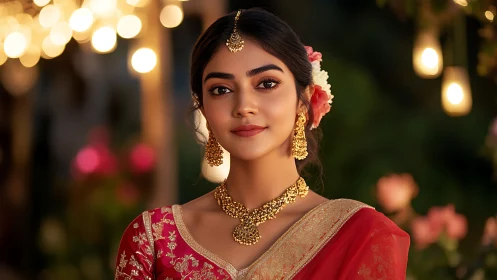 Elegant woman in red saree with gold jewelry outdoors.