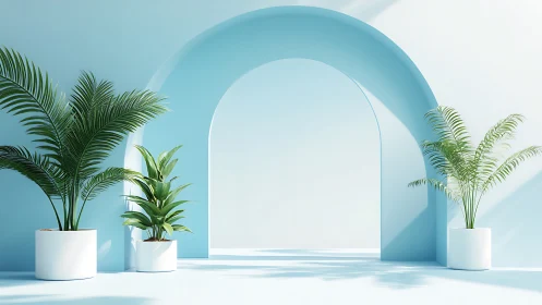 Serene Blue Archway with Lush Tropical Plants