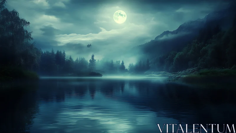 Nocturnal misted mountain lake under full moon backlighting