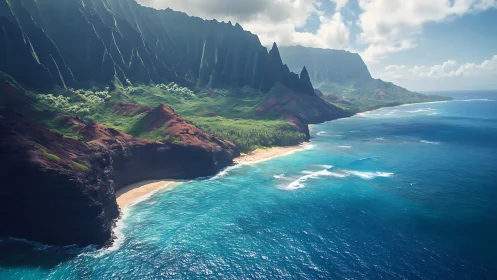 Na Pali Coast Cliffs with Turquoise Waters and Beach.