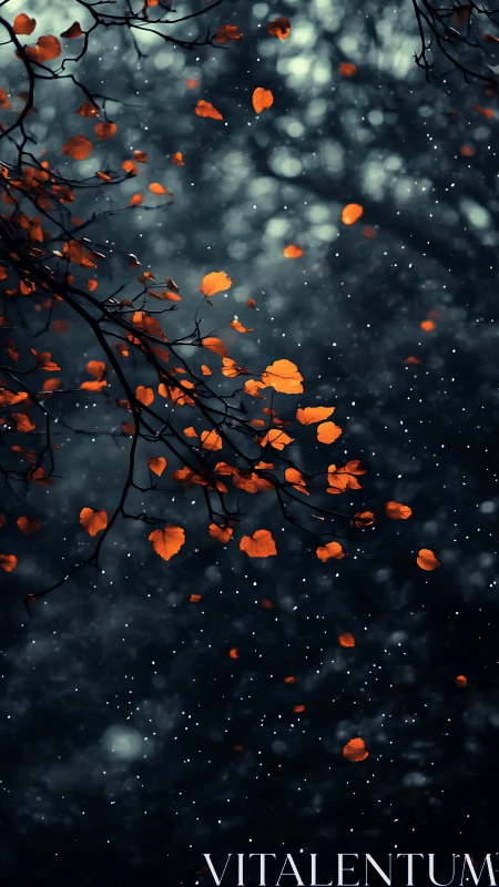 Orange leaves on dark branches against blurred night sky.