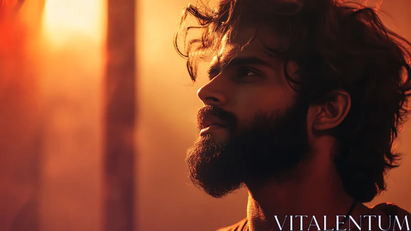 Sunlit profile of a bearded dreamer in molten dusk glow.