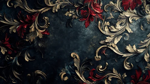 Baroque floral scrolls frame a dark, moody backdrop elegantly.