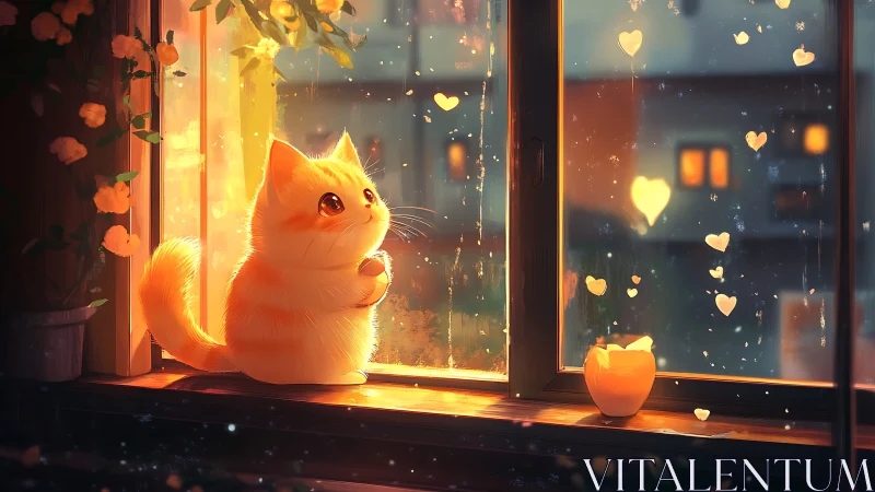 Luminous Feline Vigil: Heart-Rain Against the Evening Glow.