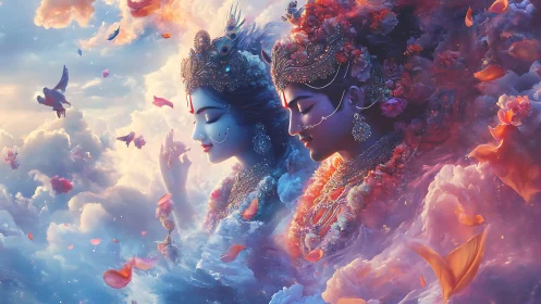 Cloudborne deities drift through petals and luminous dusk