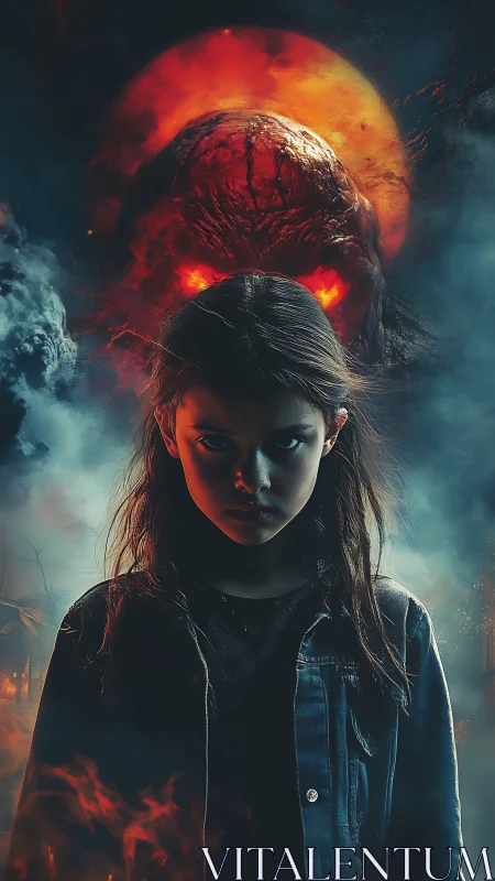 Demonic eclipse looms behind defiant girl in smoky inferno.