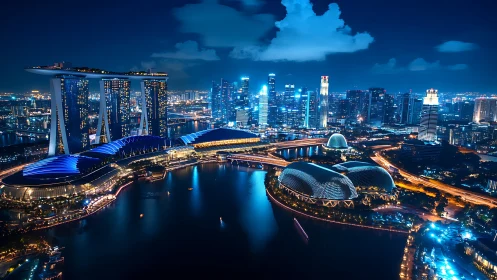 Singapore marina skyline glowing in electric blue light.