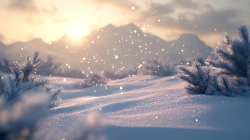 Winter sunrise sprinkles glittering snow over silent pines