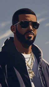 Sunlit street king in slick shades and gold swagger.