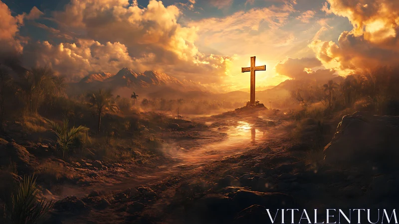 Sunlit cross crowns a misty valley road of quiet redemption.