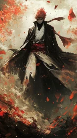 Fiery warrior strides through swirling autumn storm of power.