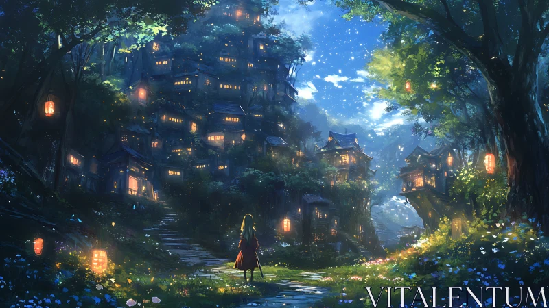 Girl enters lantern-lit forest village under starry sky.