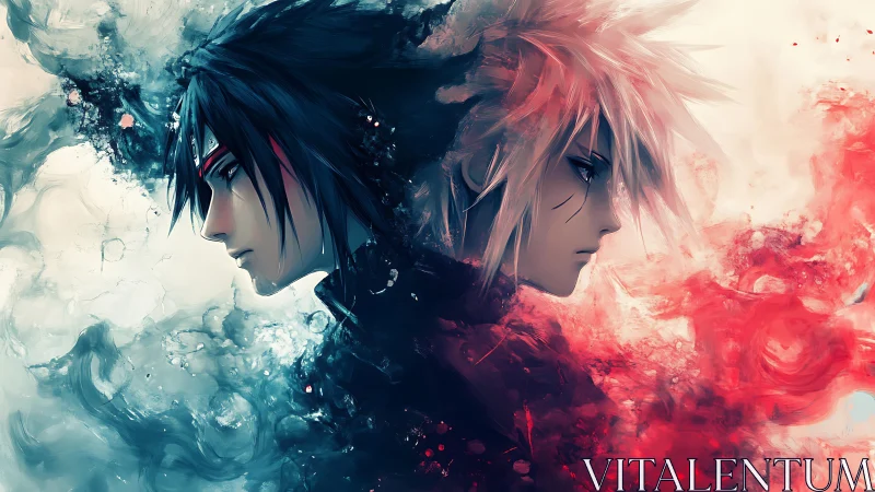 Dual anime portraits with opposing blue and red color fields.