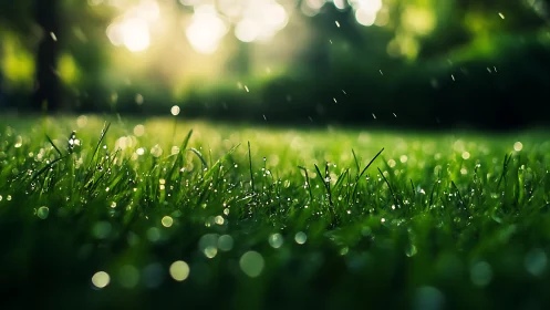 Macro optical study of dew-laden grass under soft bokeh light.
