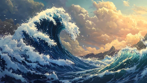 Storm surge wave curves toward glowing coastal horizon.