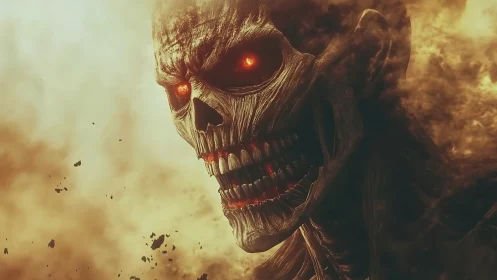 Flaming skeletal giant rendered in detailed fiery closeup