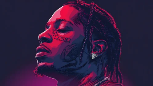 Bold neon portrait of a calm, confident braided musician.