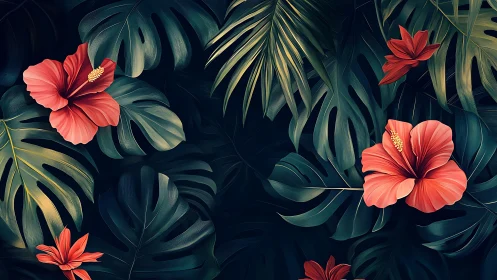 Hibiscus lanterns glow softly across midnight jungle leaves