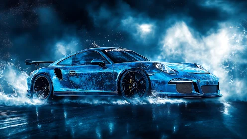 Blue sports car drifts through neon mist on wet asphalt