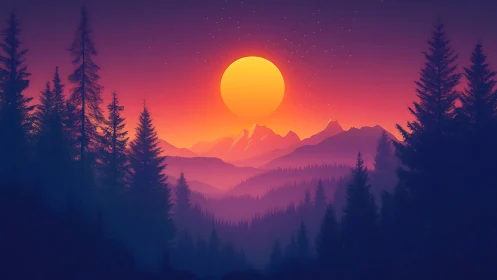 Neon sunset over pine forest and distant mountain peaks.