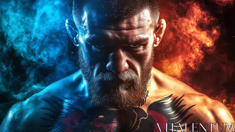 Tattooed warrior between blue frost and burning ember skies.