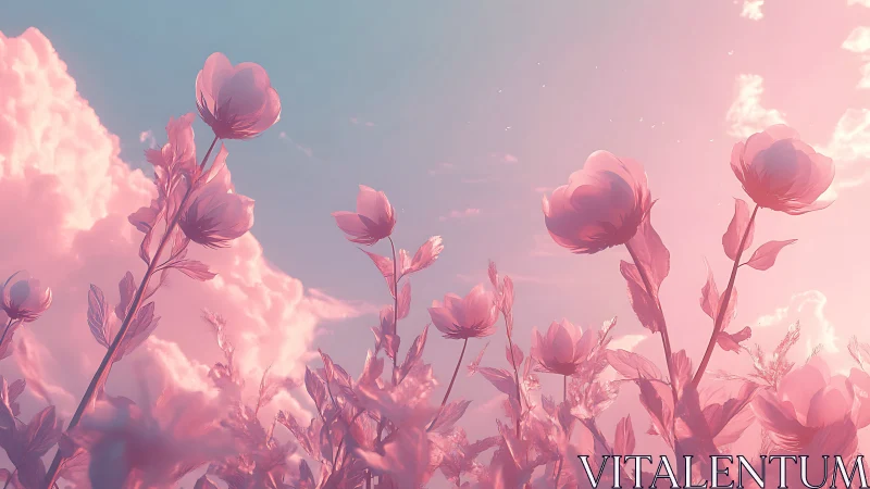 Digitally Rendered Flower Field with Atmospheric Lighting and Chromatic Bloom Effects