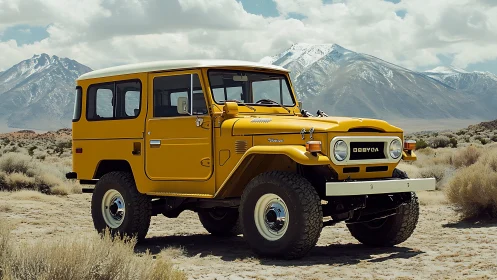 Yellow classic off road SUV parked in desert valley.