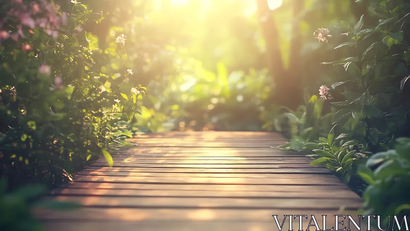 Sunlit wooden garden path bordered by lush green plants.