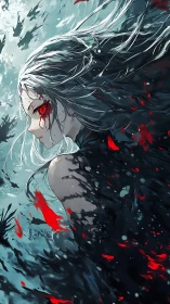 Scarlet-eyed anime heroine dissolves into abstract shadow