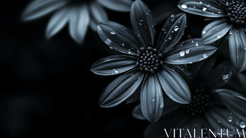 Dark flowers with water droplets on black background.