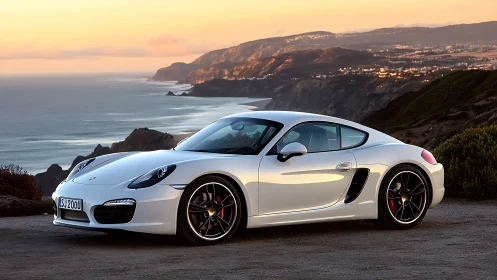 White sports coupe waits at golden coastal overlook at dusk