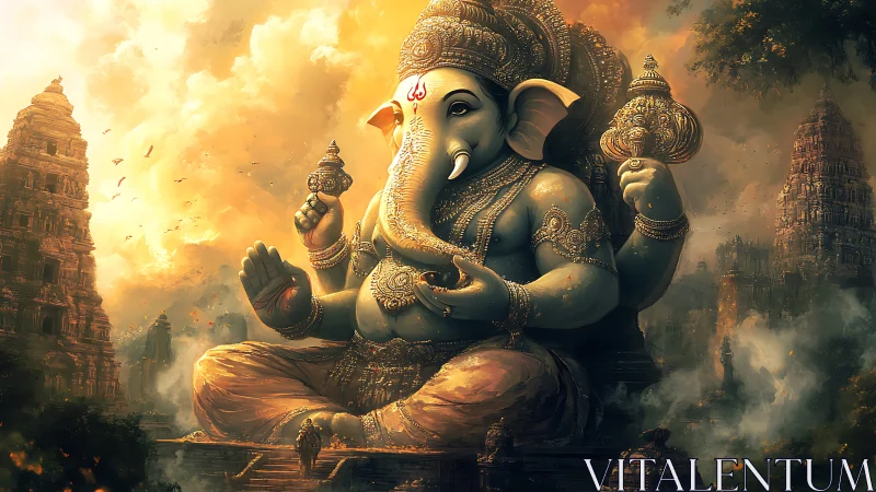 Mythic elephant-headed deity amid luminous temple haze.