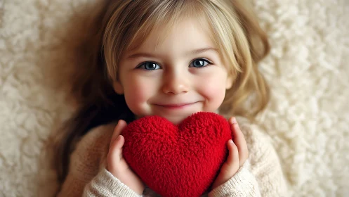 Young Child Holding Red Heart Plush Against Neutral Backdrop