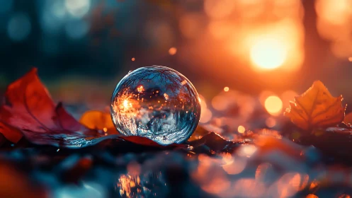Macro glass sphere on wet autumn leaves under warm bokeh sunset