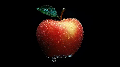 Midnight jewel apple drenched in crystalline dew drops.