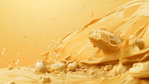 Golden caramel splash swirling around rich nutty pieces.