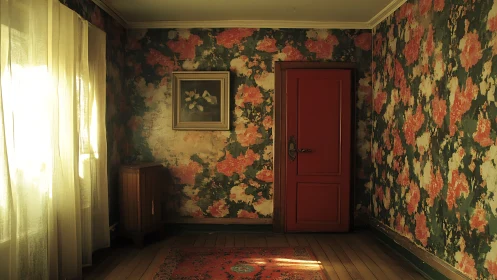 Sunlit vintage room with floral wallpaper and red door.