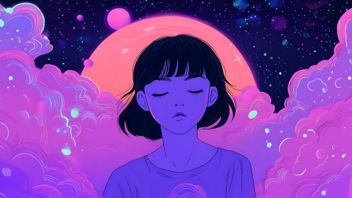 Dreamy girl drifting through neon cosmic clouds at night.