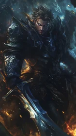 Dark armored swordsman amid swirling elemental firestorm.