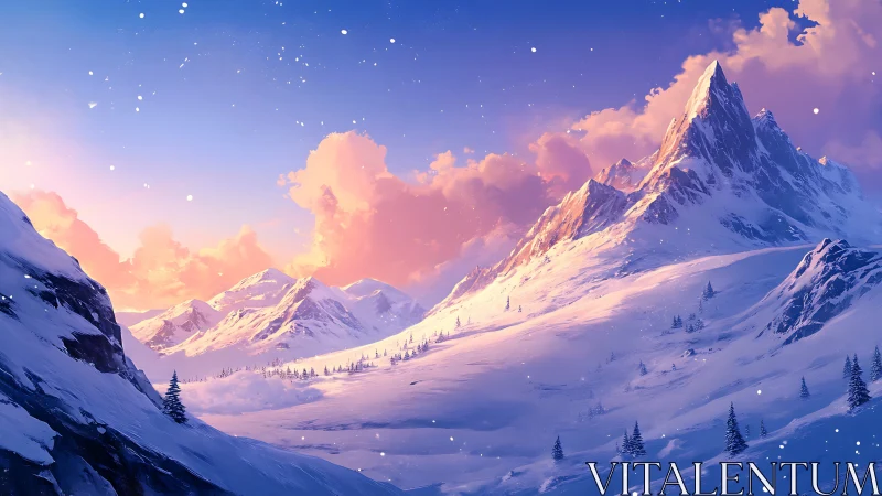 Alpine mountain ridge at sunset with snowfields and fir trees