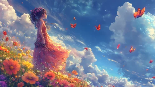 Floral-clad girl in windswept meadow with drifting butterflies.