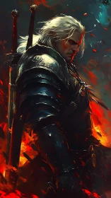White-haired warrior stands in blazing inferno of battle.