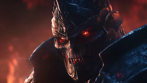 Armored skeletal warlord with burning red eyes in firelit scene.