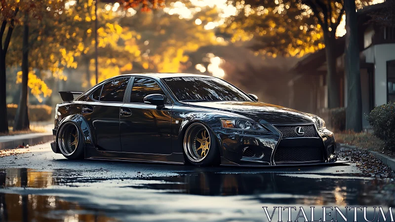 Stanced black Lexus IS sedan on wet autumn street at dusk