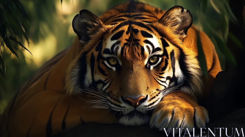 Forest ember tiger resting in shadow-dappled patience.