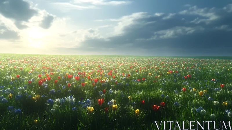Sunlit wildflower ocean under brooding springtime skies.